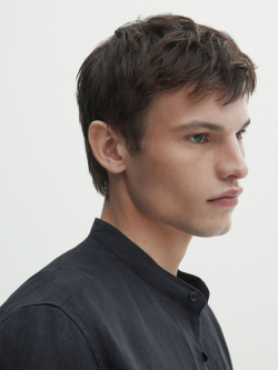 Massimo Dutti Льняная рубашка классического кроя с воротником-стойкой,  темно-синий