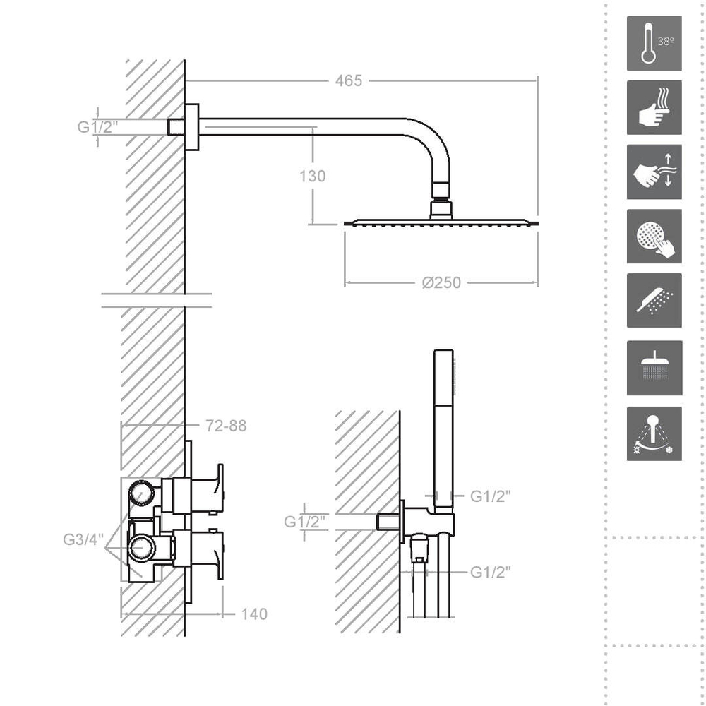 Встраиваемый термостатический смеситель для душа с тропическим и ручным душ ALEXIA K3687011NM чёрный