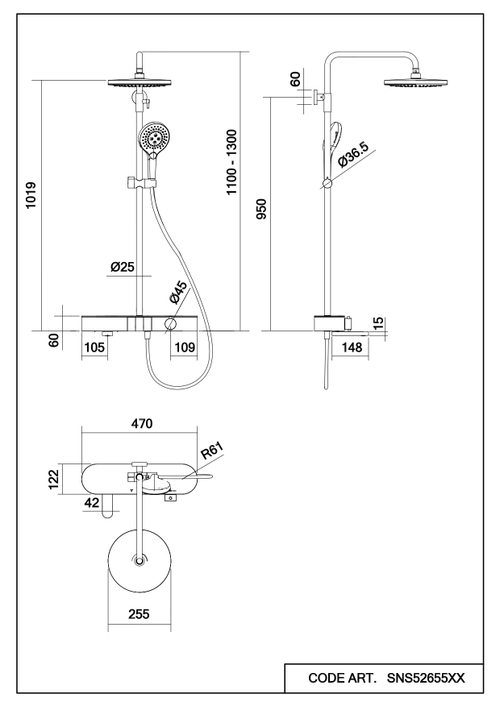 Душевая система Abelsberg Intensa SNS52655GM с термостатом и полкой для ванны и душа, космическая сталь