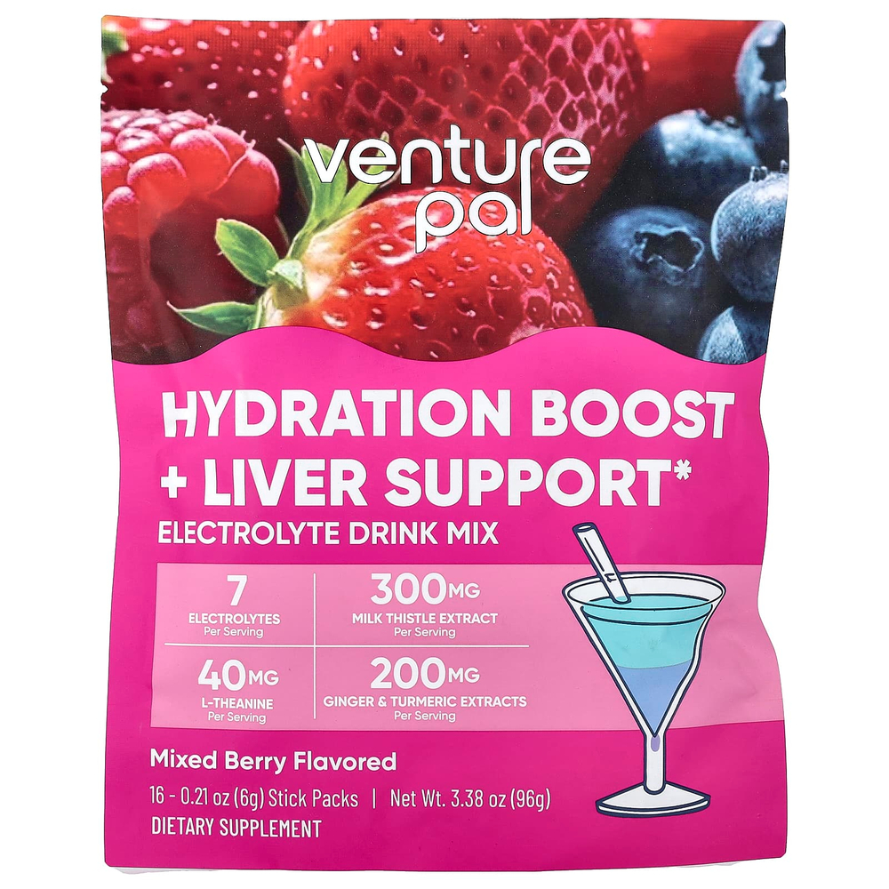 Venture Pal, Hydration Boost + поддержка печени, смесь для приготовления электролитического напитка, со вкусом ягодного ассорти, 16 пакетиков-стиков по 6 г (0,21 унции)