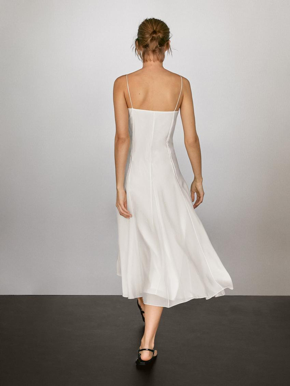 Massimo Dutti Платье миди из струящейся ткани на бретелях, натуральный, кремовый