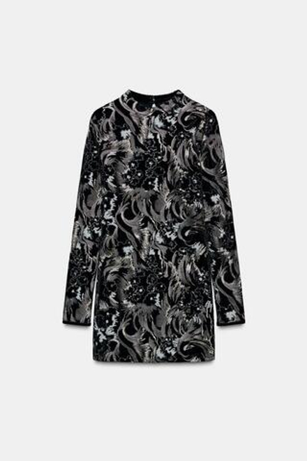 ZARA БАРХАТНОЕ ПЛАТЬЕ С ВЫШИВКОЙ, ЧЕРНЫЙ/ПЕСОЧНЫЙ