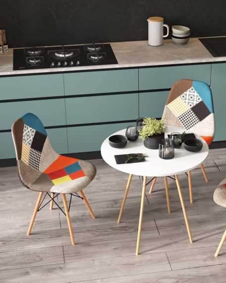 Eames DSW в тканевой обивке в стиле пэчворк, сиденье платиковое, ножки деревянные