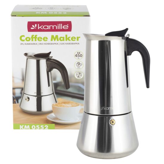 Кофеварка гейзерная 450 мл. 9 порций Kamille KM 0552 из нержавеющей стали