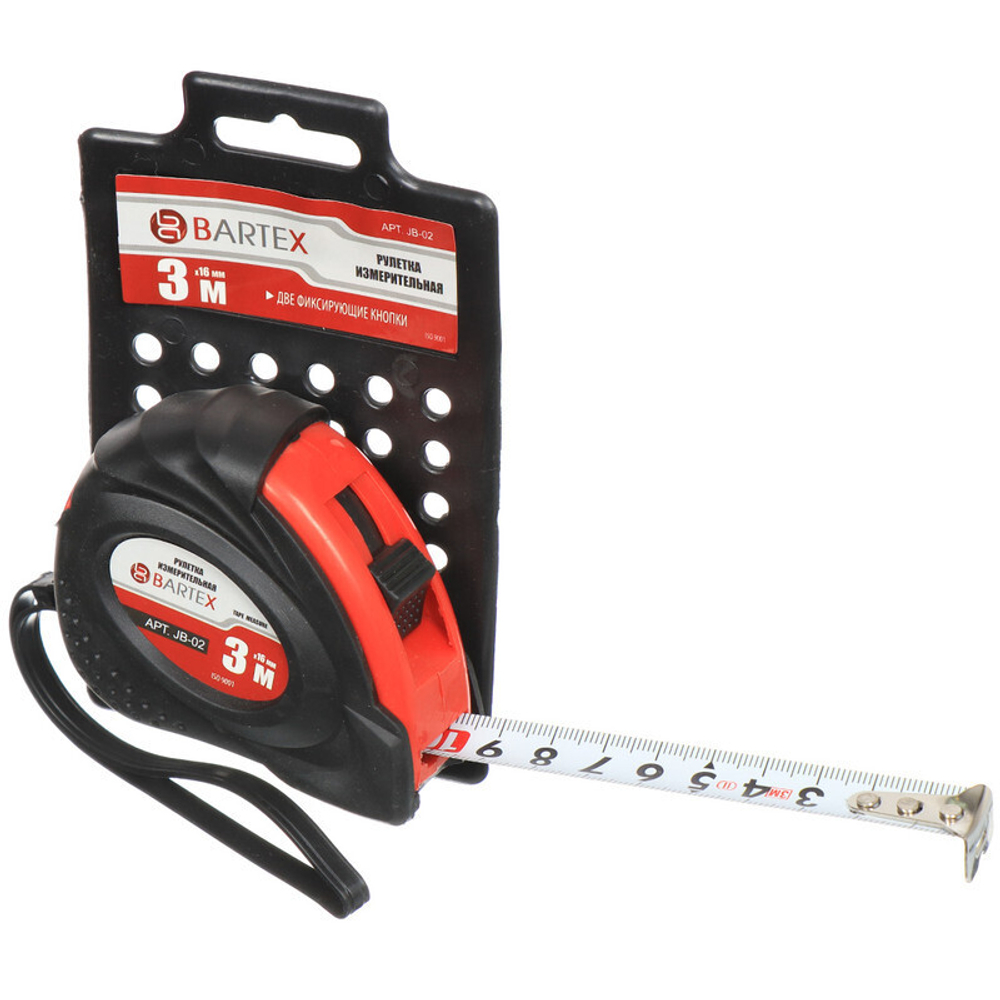 Рулетка 3 м, обрезиненный пластик, 16 мм, с фиксатором, + кнопка, Bartex, 36G-3016, JB 02, шт