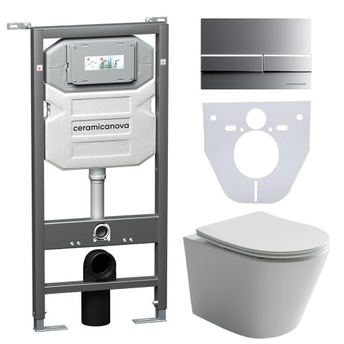 Комплект подвесной безободковый унитаз Ceramica Nova Balearica Rimless CN6000 с микролифтом + система инсталляции Envision CN1002M с кнопкой смыва Flat хром матовый и шумоизоляционной панелью