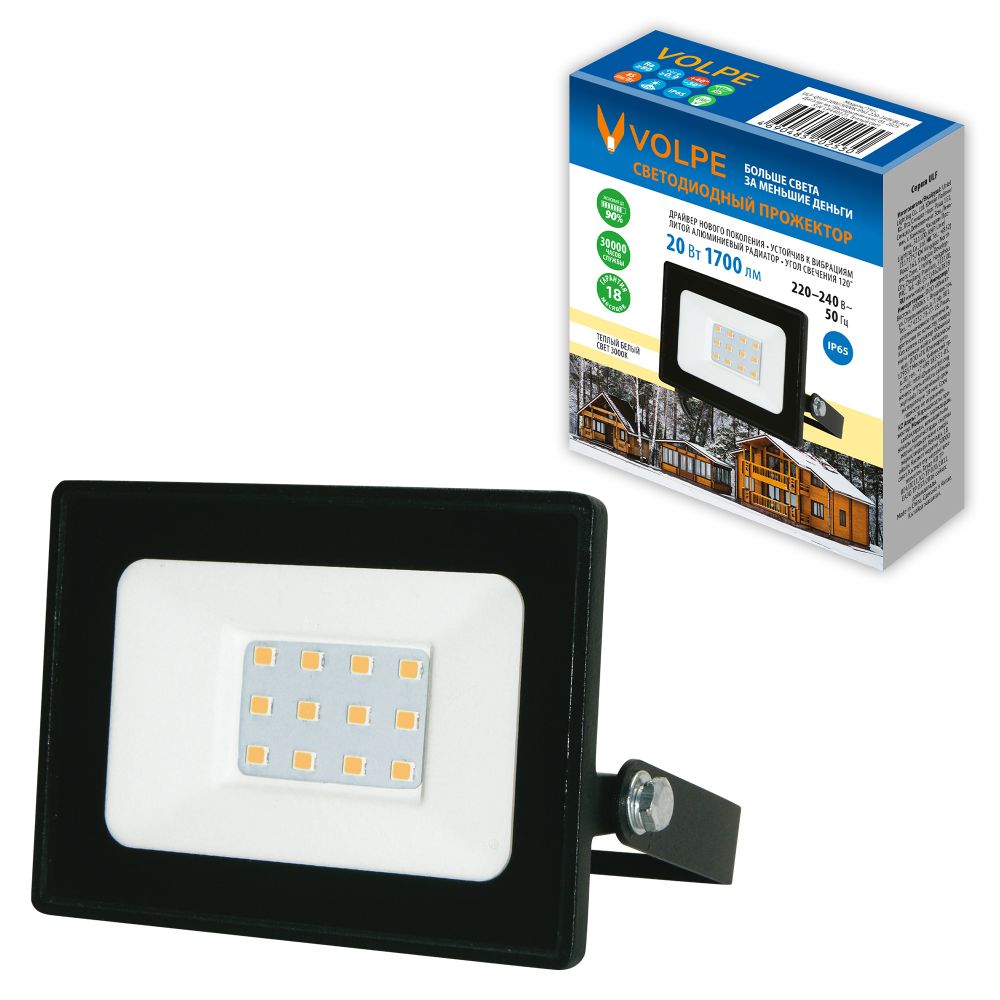 ULF-Q519 20W-3000K IP65 220-240V BLACK Прожектор светодиодный. Теплый белый свет3000К. Корпус черный. TM Volpe