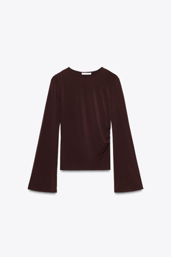 ZARA ФУТБОЛКА С ДЛИННЫМИ РУКАВАМИ И СБОРКАМИ, КОРИЧНЕВЫЙ