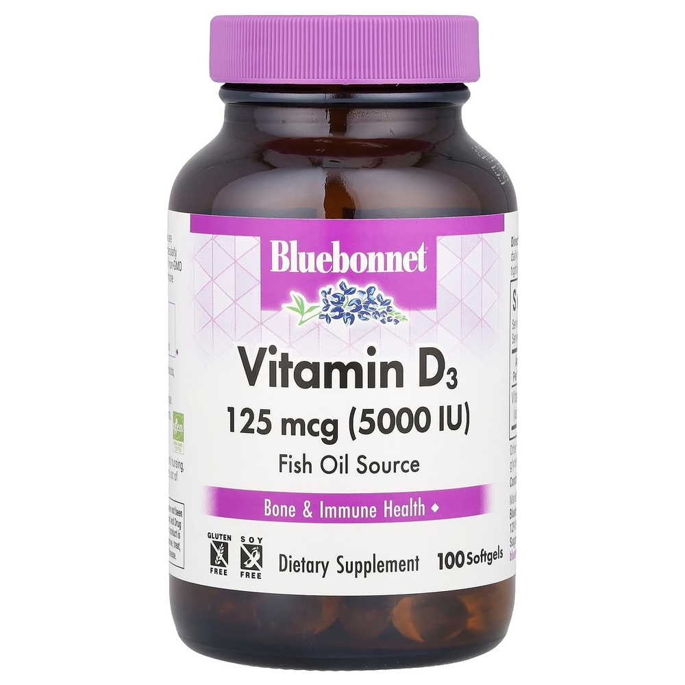 Bluebonnet Nutrition, витамин D3, 125 мкг (5000 МЕ), 100 мягких таблеток