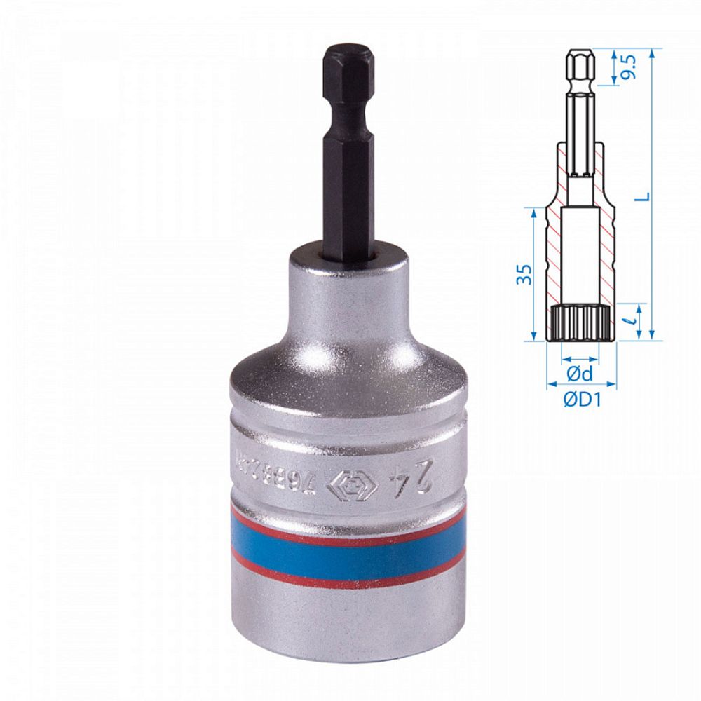 KING TONY (76B824M) Головка для шуруповерта двенадцатигранная 1/4", 24 мм, L = 80 мм