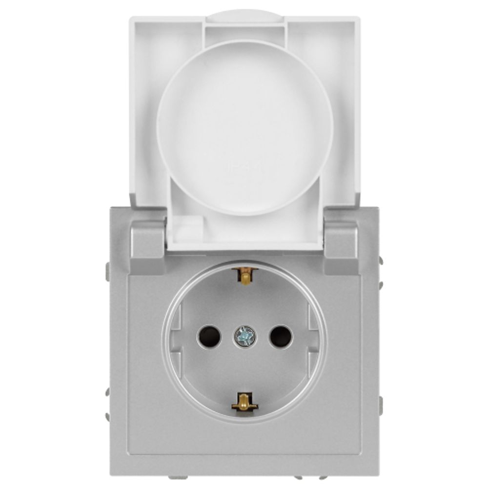 Розетка ЭРА Galaxy 15-2103-03 c заземлением 2P+E Schuko со шторками с крышкой 16А-250В IP20 алюминий | Эра Galaxy