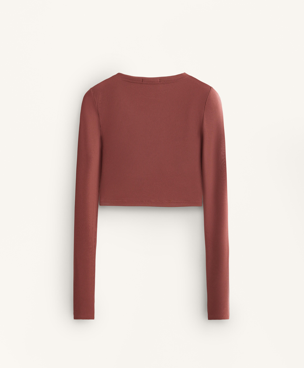 Oysho Топ Comfortlux с перекрестными деталями и длинными рукавами, линялый махагон