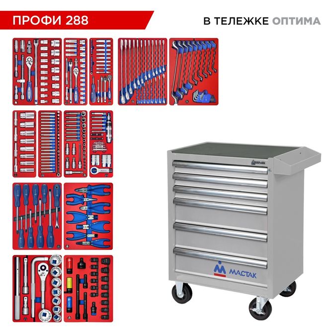 МАСТАК (52-06288G) Набор инструментов 288 предметов, "ПРОФИ 288", в серой тележке