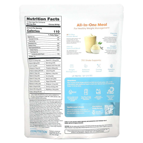 310 Nutrition, Shake, универсальное средство для приема пищи, смесь для напитков, ванильный крем, 403,2 г (14,2 унции)