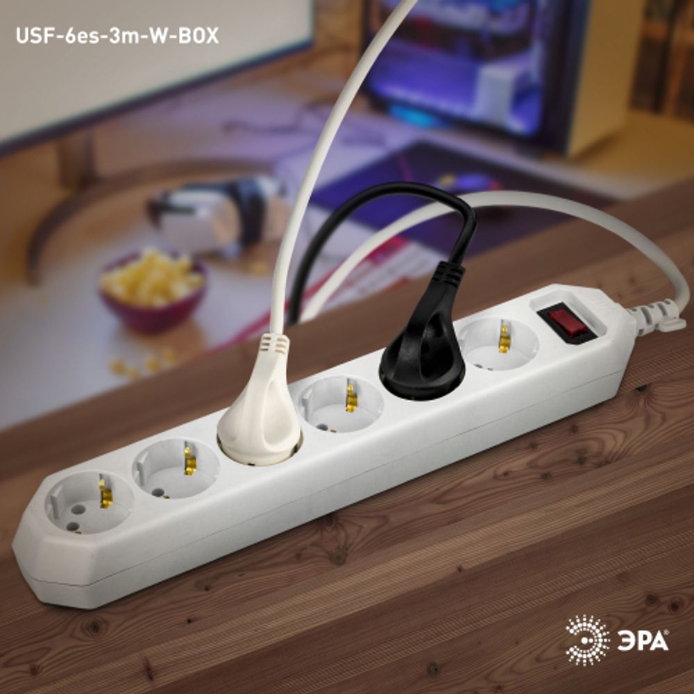 Сетевой фильтр ЭРА USF-6es-3m-W с базовой защитой с заземлением с выключателем 6 розеток 3м 10А белый | Электротовары