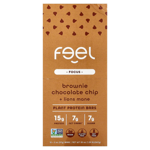The Feel Bar, Focus, батончики с растительным протеином, брауни с шоколадной крошкой и ежовиком гребенчатым, 10 батончиков по 57 г (2 унции)