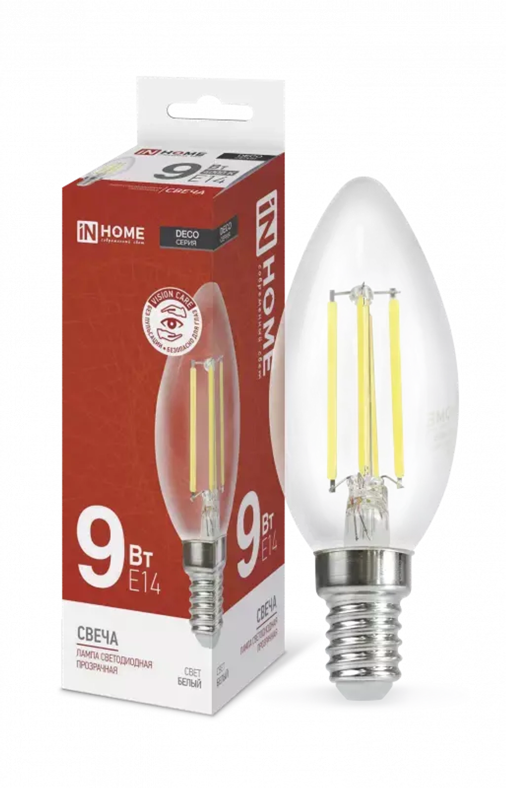 Лампа светодиодная LED-СВЕЧА-deco 9Вт 230В Е14 4000К БЕЛЫЙ 1040Лм прозрачная IN HOME