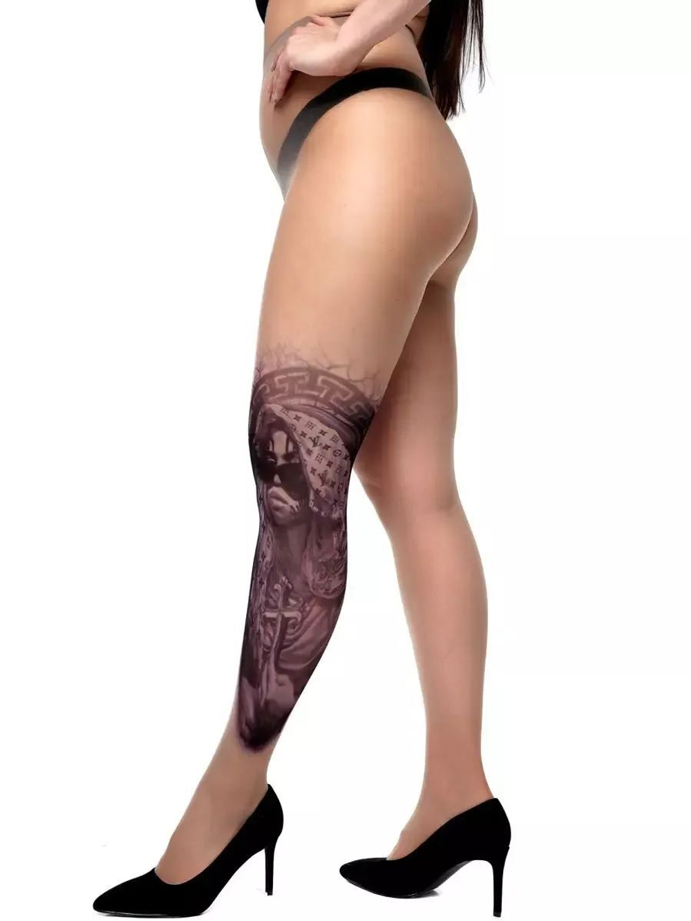 Колготки +size с имитацией крупного тату на левой ножке (Размер: XL-XXL-XXXL) (Цвет: бежевый)