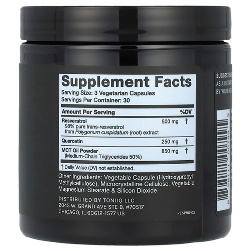 Toniiq, Ресвератрол +, с кверцетином и MCT, 90 капсул