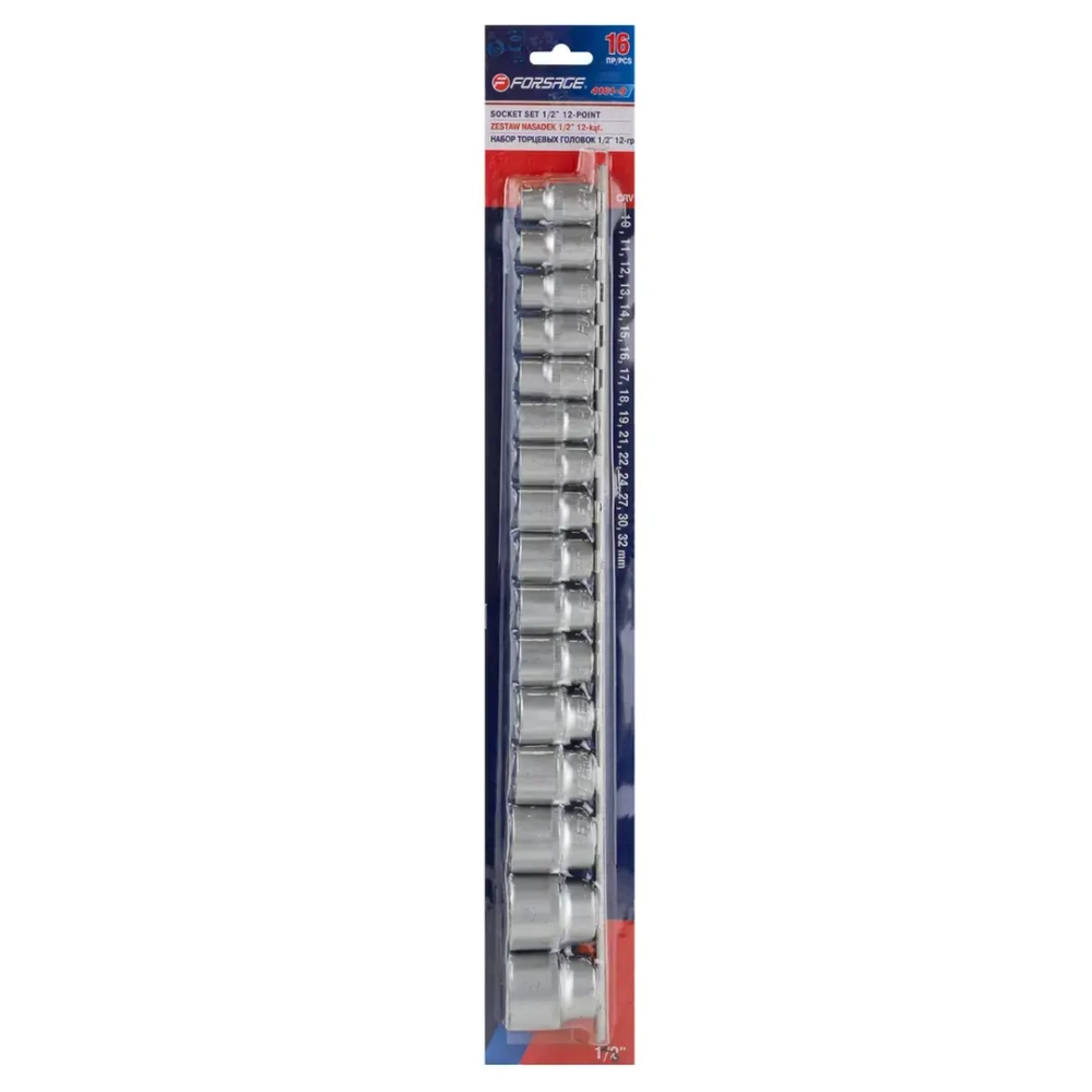 Набор головок 16пр.1/2''(12гр.)(10-19,21,22,24,27,30,32мм) на планке Forsage F-4161-9