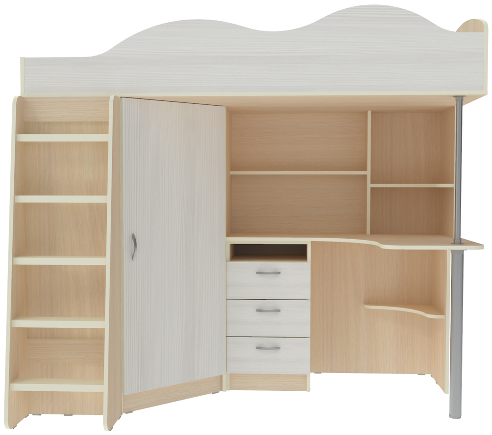 Кровать-чердак КарИВи Пионер с деревянной лестницей  Дуб Молочный Белое Дерево