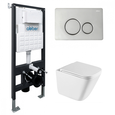 Комплект подвесной унитаз ABBER Rechteck AC1219TC белый, с закрытым дном с инсталляцией AC0105 и кнопкой AC0121 хром глянцевый