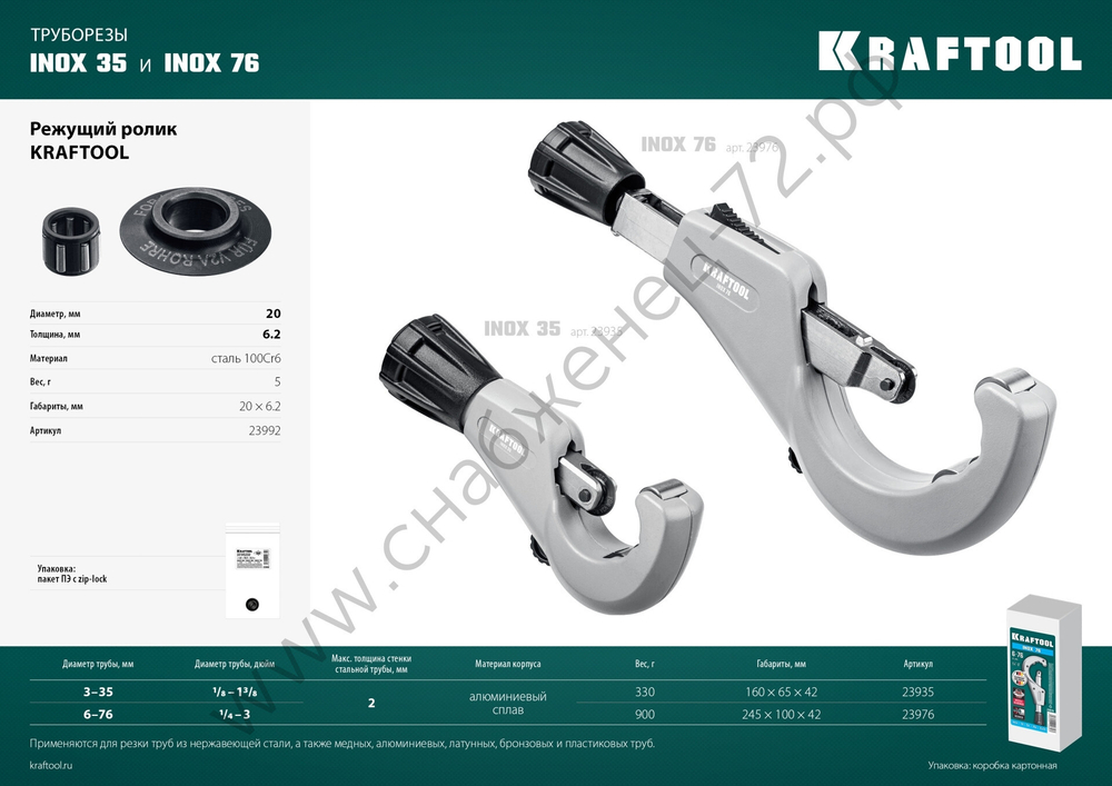 KRAFTOOL INOX-35 и INOX-76 (арт. 23935, 23976), Режущий ролик для трубореза (23992)