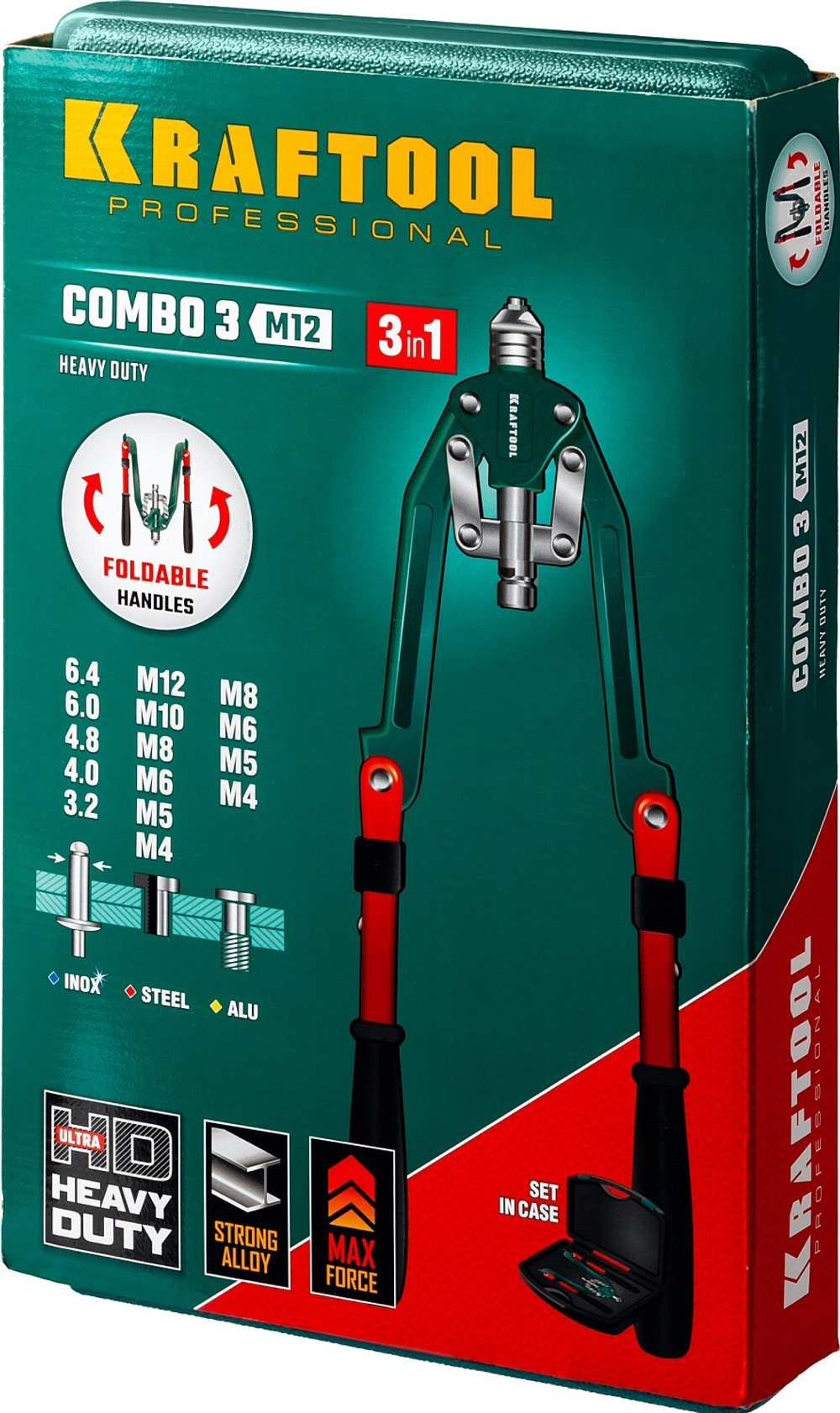 KRAFTOOL Combo3-M12, 3 вида заклёпок, комбинированный складной заклепочник в кейсе (31182)