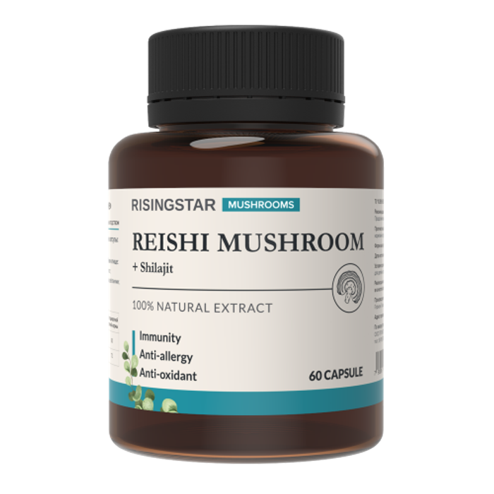 Экстракт гриба рейши с мумие, Reishi Mushroom, Risingstar, 60 капсул