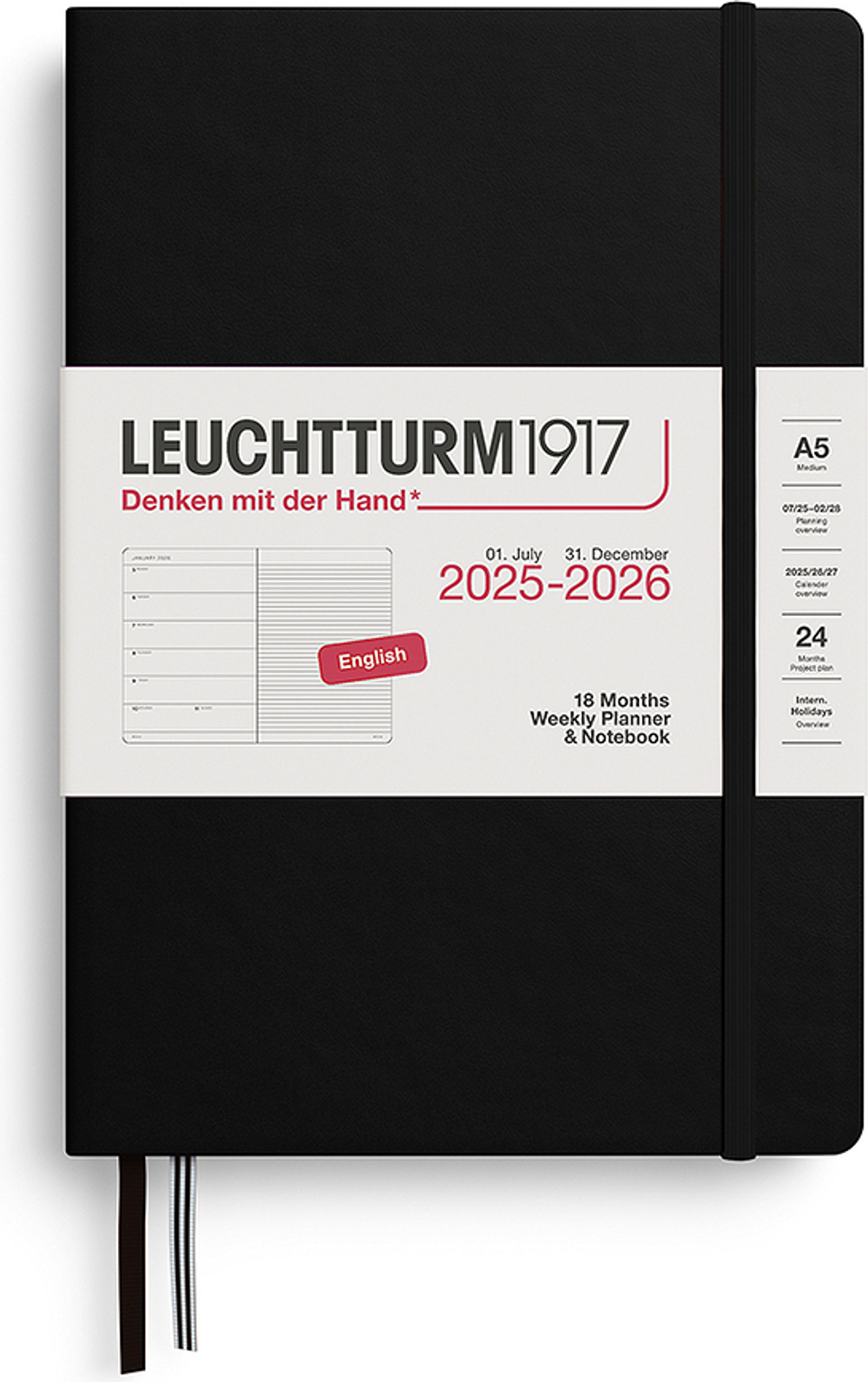 Блокнот Leuchtturm 1917, z notatnikiem 2025/2026 18M EN, A5, в линейку, чёрный