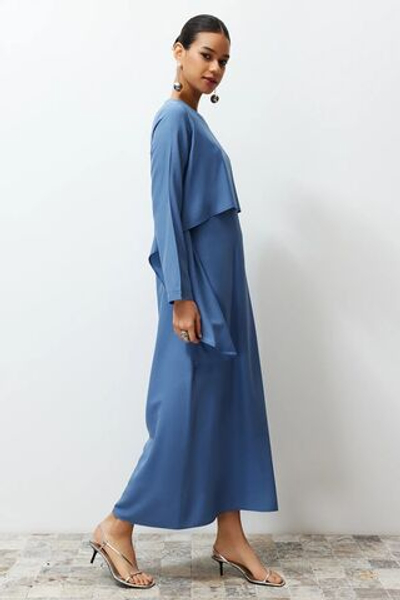 Синее однотонное плетеное платье с деталями TCTSS24EB00146