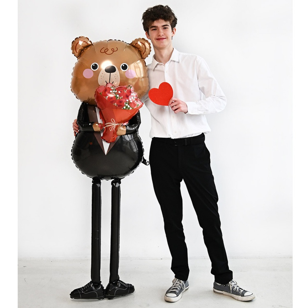 Фольгированный шар-фигура 3D ходячий «Мишка с букетом роз», 163 см