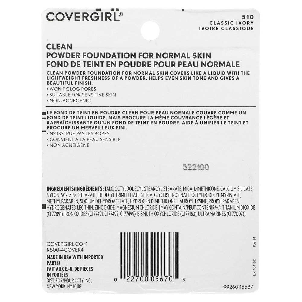 Covergirl, Clean, тональная пудра, оттенок 510, слоновая кость, 11,5 г (0,41 унции)