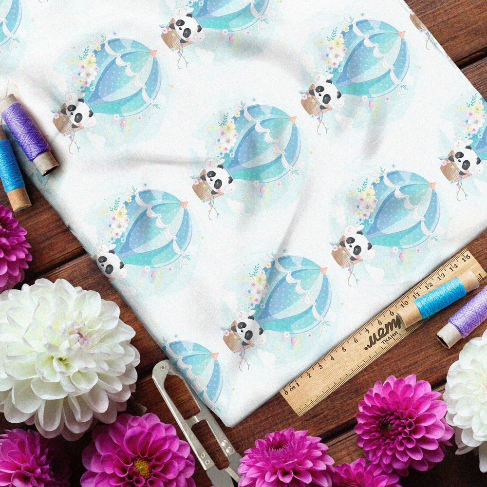Ткань блэкаут нежные панды на воздушном шаре
