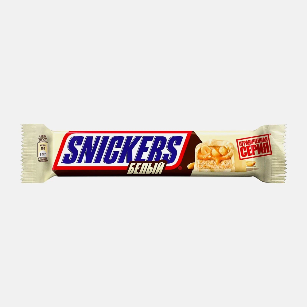 Батончик шоколадный белый с карамелью арахисом и нугой Snickers 81г
