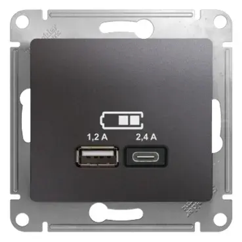 GLOSSA USB РОЗЕТКА А+С, 5В/2,4А, 2х5В/1,2А, механизм, ГРАФИТ
