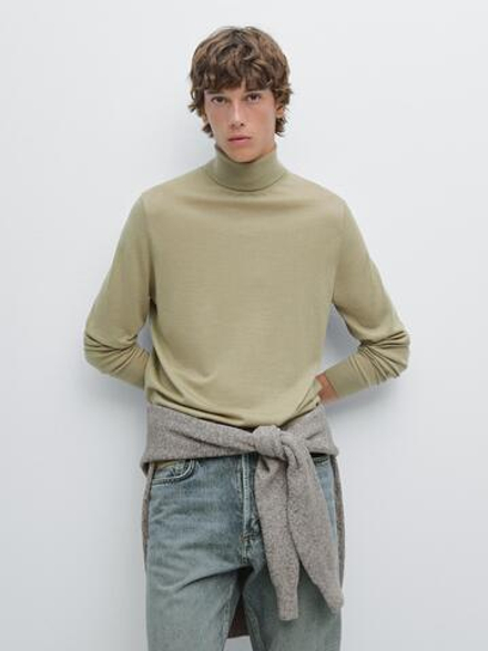 Massimo Dutti Трикотажный свитер из смесовой шерсти с высоким воротником, зеленый