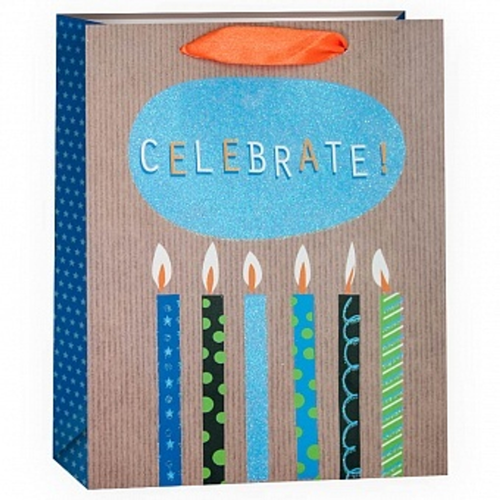 Пакет подарочный С Праздником (стильные свечи), с блестками 23*18*10 см