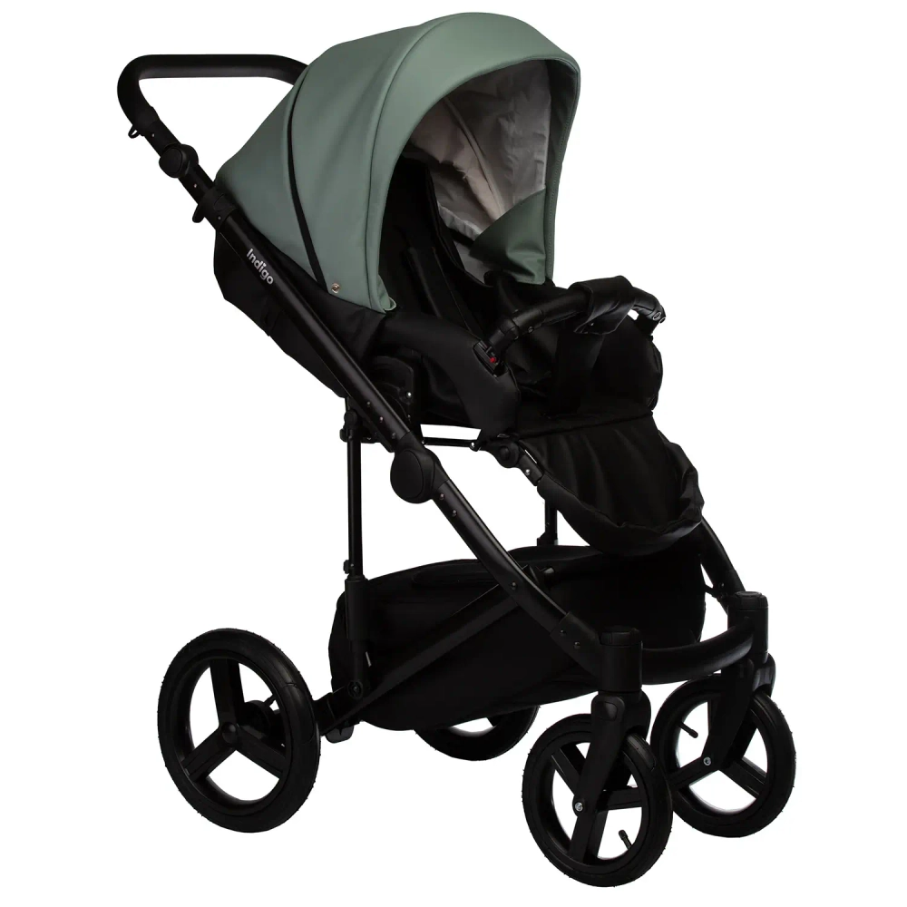 Коляска 2 в 1 Indigo TOUR ECO te 03 (черная кожа+шалфей кожа)