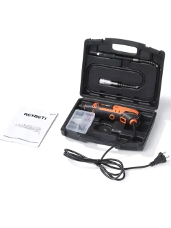 REXBETI Электрический гравер, Электрогравер с гибким валом для шлифовки( 200 Вт, 33000 об/мин, 40 шт насадок, регулировка скорости, Защитная коробка)