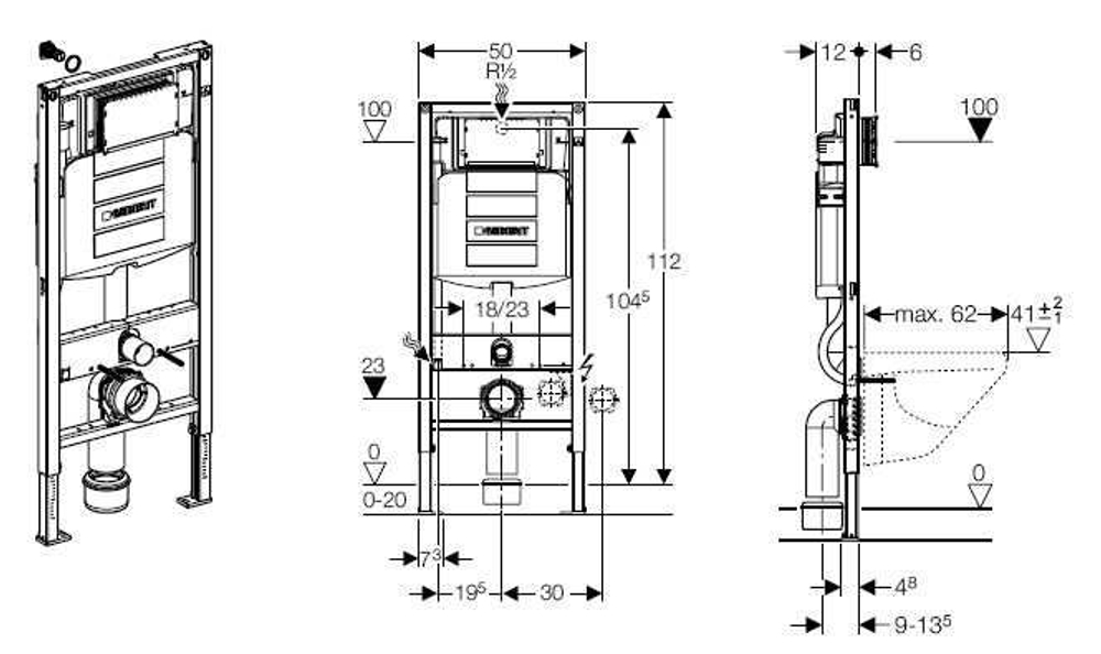 Инсталляция для подвесного унитаза  Geberit Duofix UP320 111.333.00.5 для клавиш Sigma схема