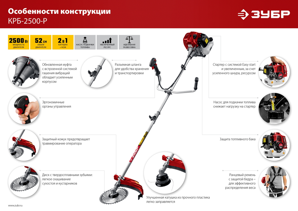 ЗУБР 2.5 кВт, бензиновый триммер (КРБ-2500-Р)