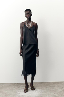 ZARA АТЛАСНАЯ ЮБКА МИДИ С КРУЖЕВОМ, ЧЕРНЫЙ