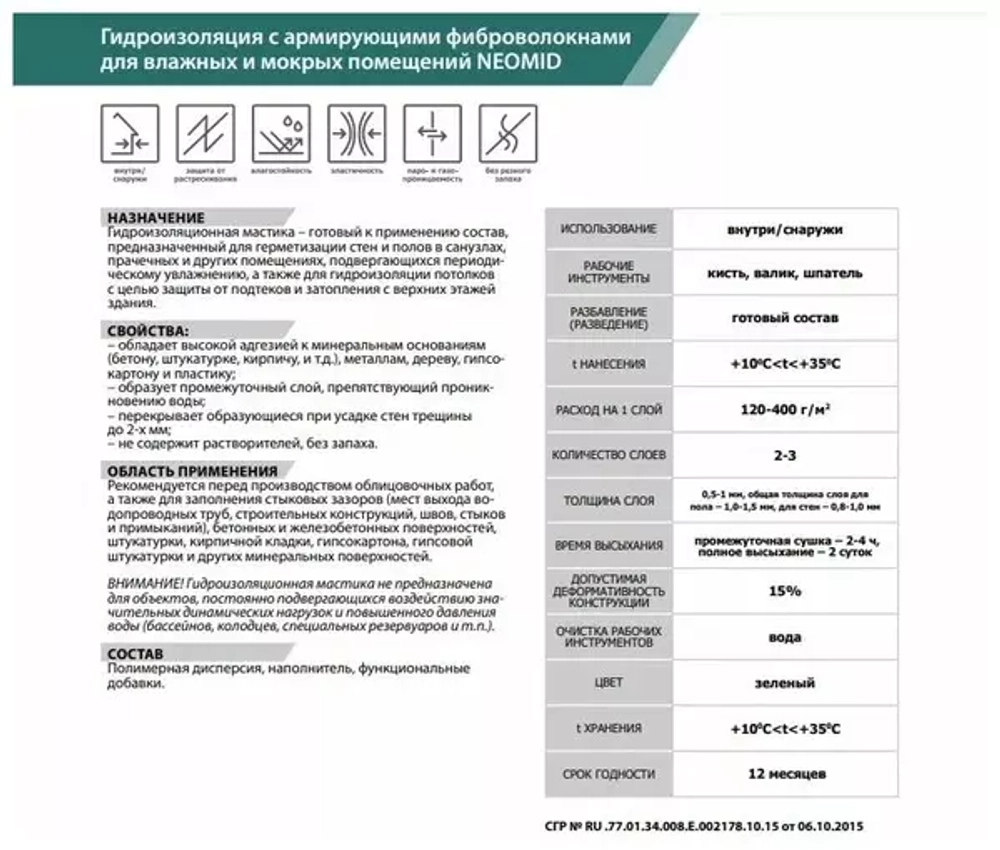 Гидроизоляция с армирующими фиброволокнами для влажных и мокрых помещений NEOMID