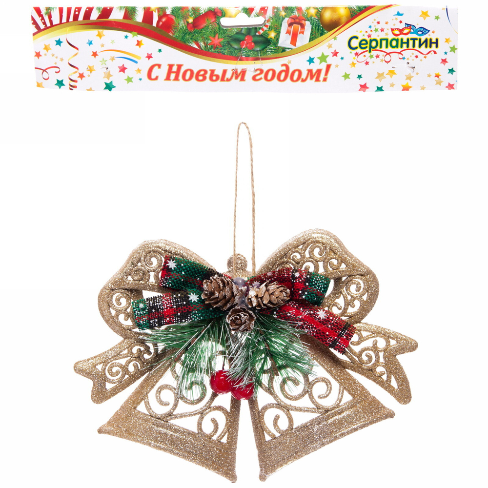 Украшение новогоднее «Колокольчики с красным бантом» 20*15 см, Золото