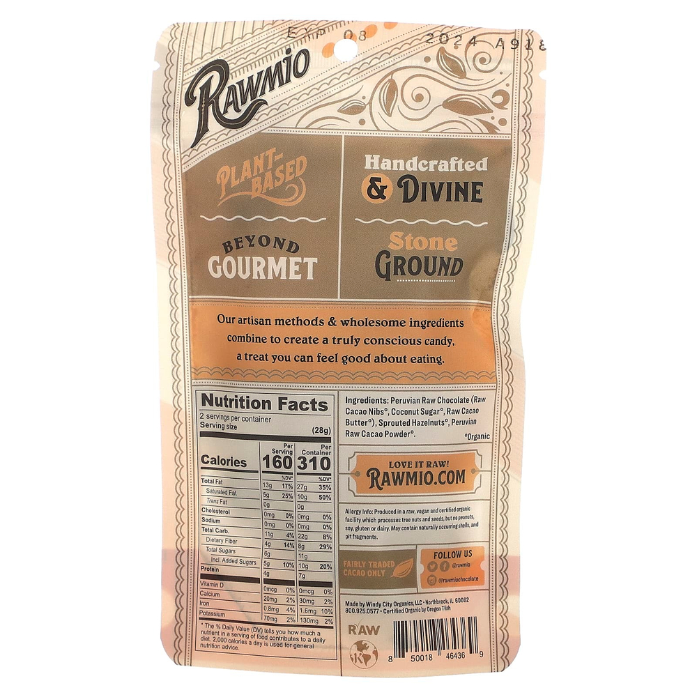 Rawmio, Пророщенный фундук в шоколаде, 56,7 г (2 унции)