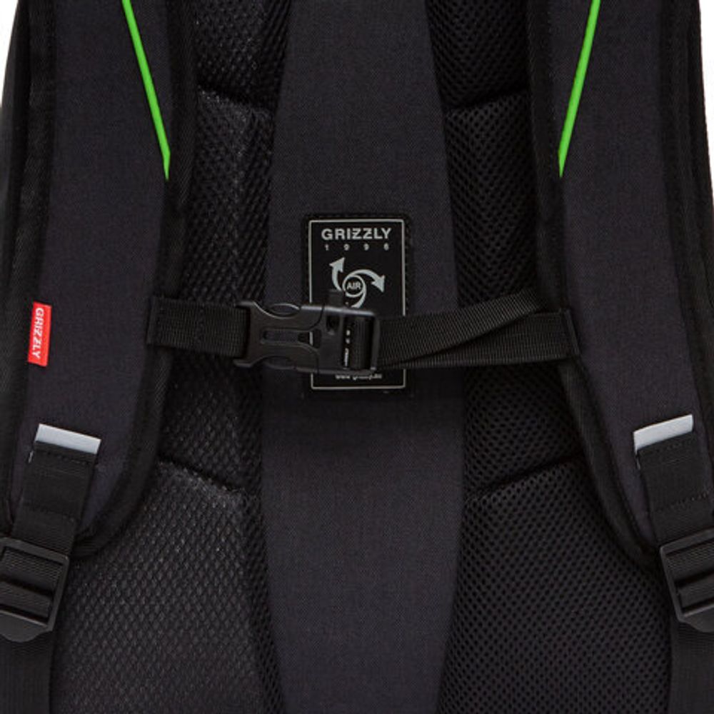 Рюкзак GRIZZLY школьный, анатомическая спинка, 3 отделения, для мальчиков, черно-салатовый, 42х31х22 см, RU-238-2/1