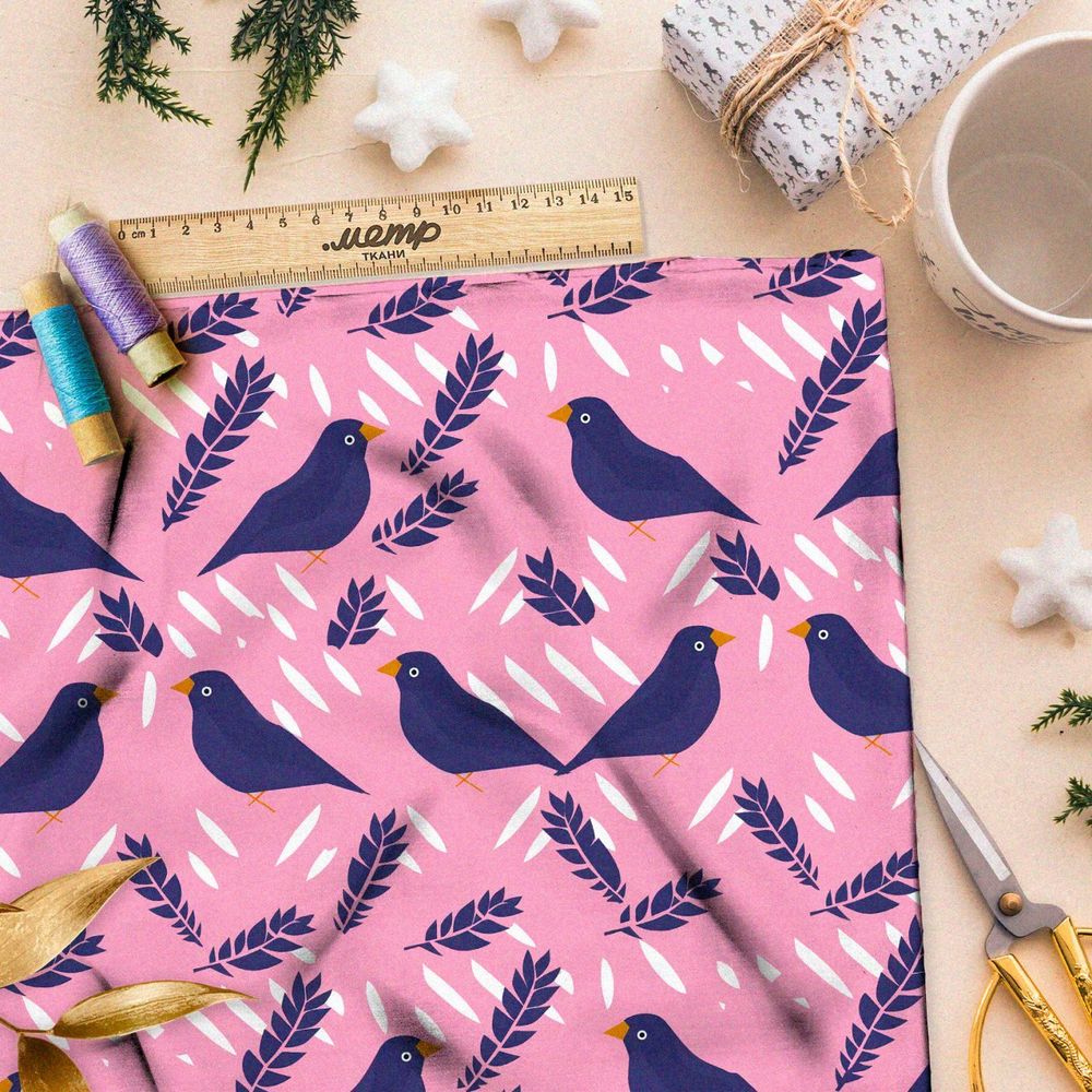 Ткань премиум сатин птицы с колосьями