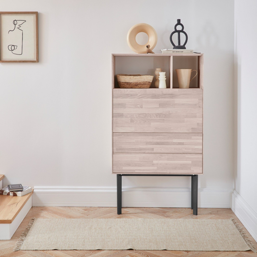 Комод деревянный с 2 ящиками и дверью Виби 85х32х151 см из массива дуба на металлических ножках, в стиле лофт