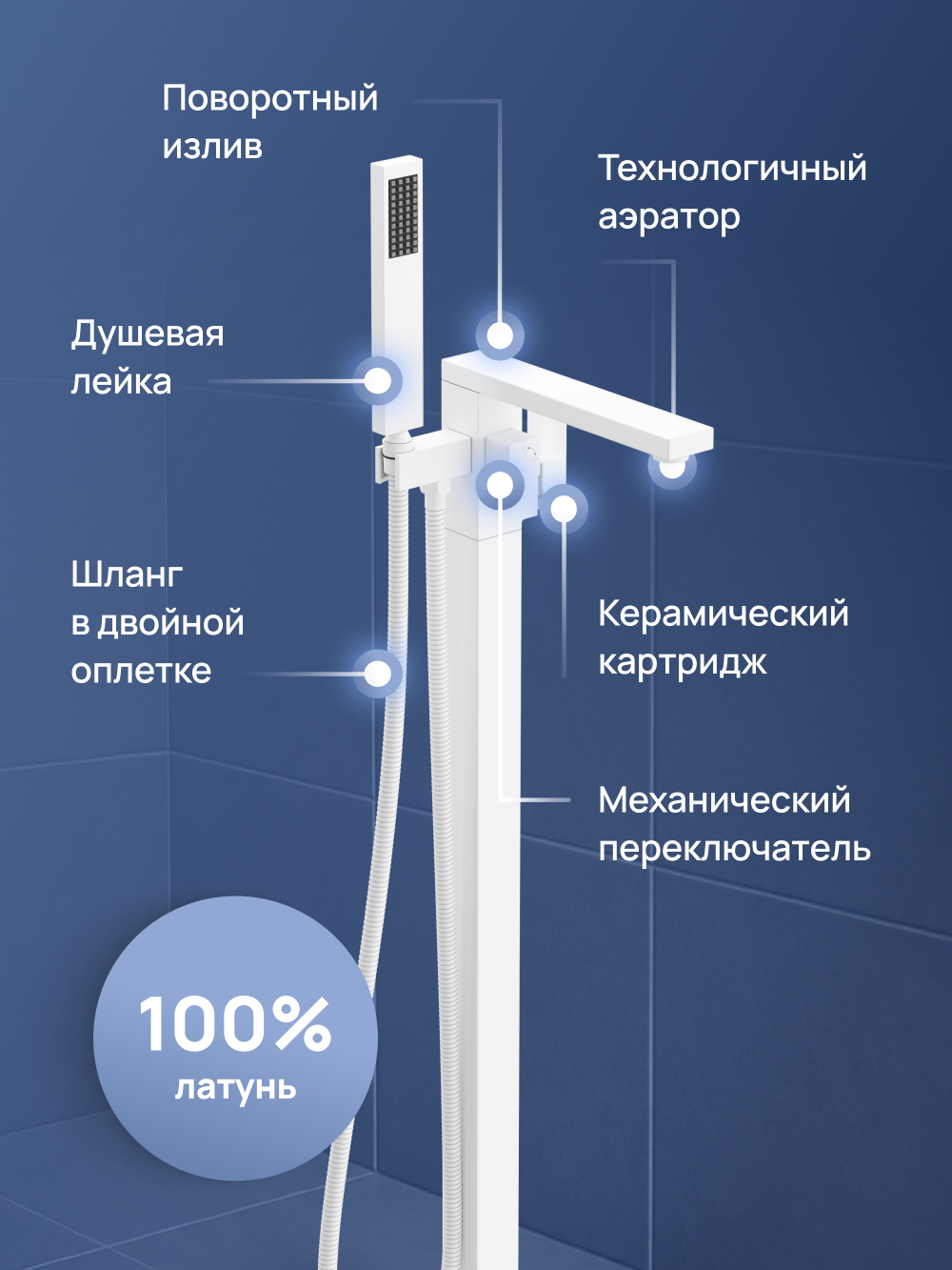 Напольный смеситель для ванны с душем STWORKI Карлстад S35130WH матовый белый